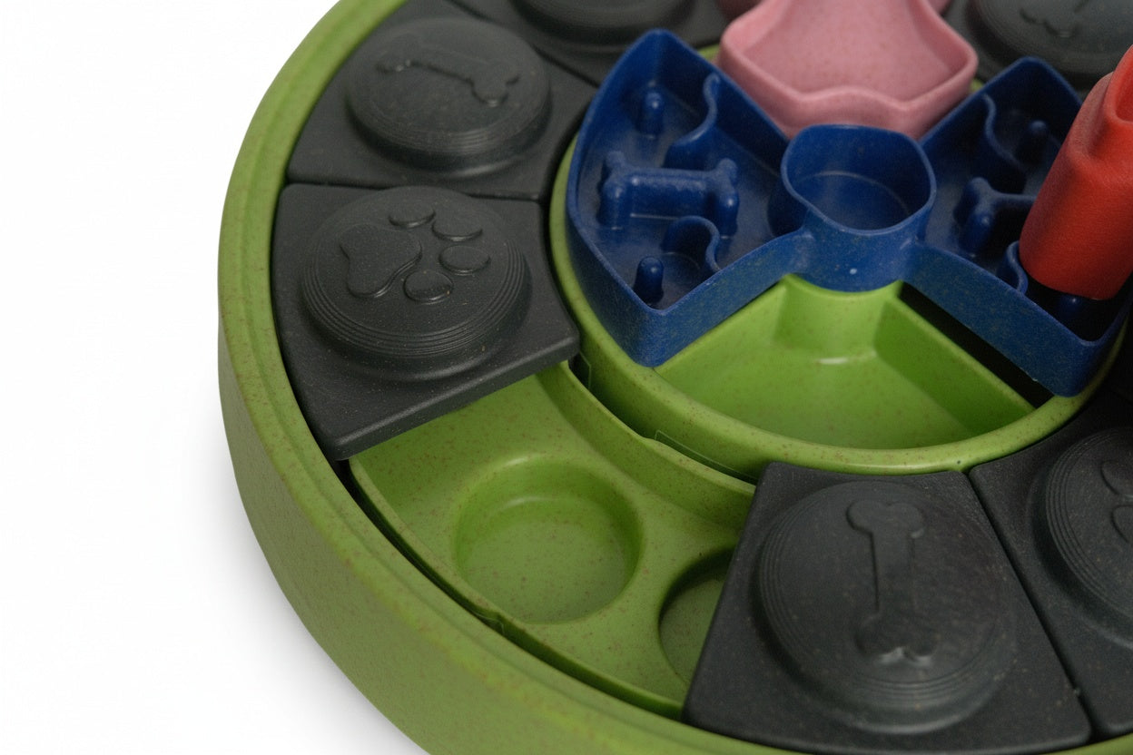 interactive dog puzzle roller for slow feeding, mental stimulation, and foraging instincts, durable and dishwasher-safe
