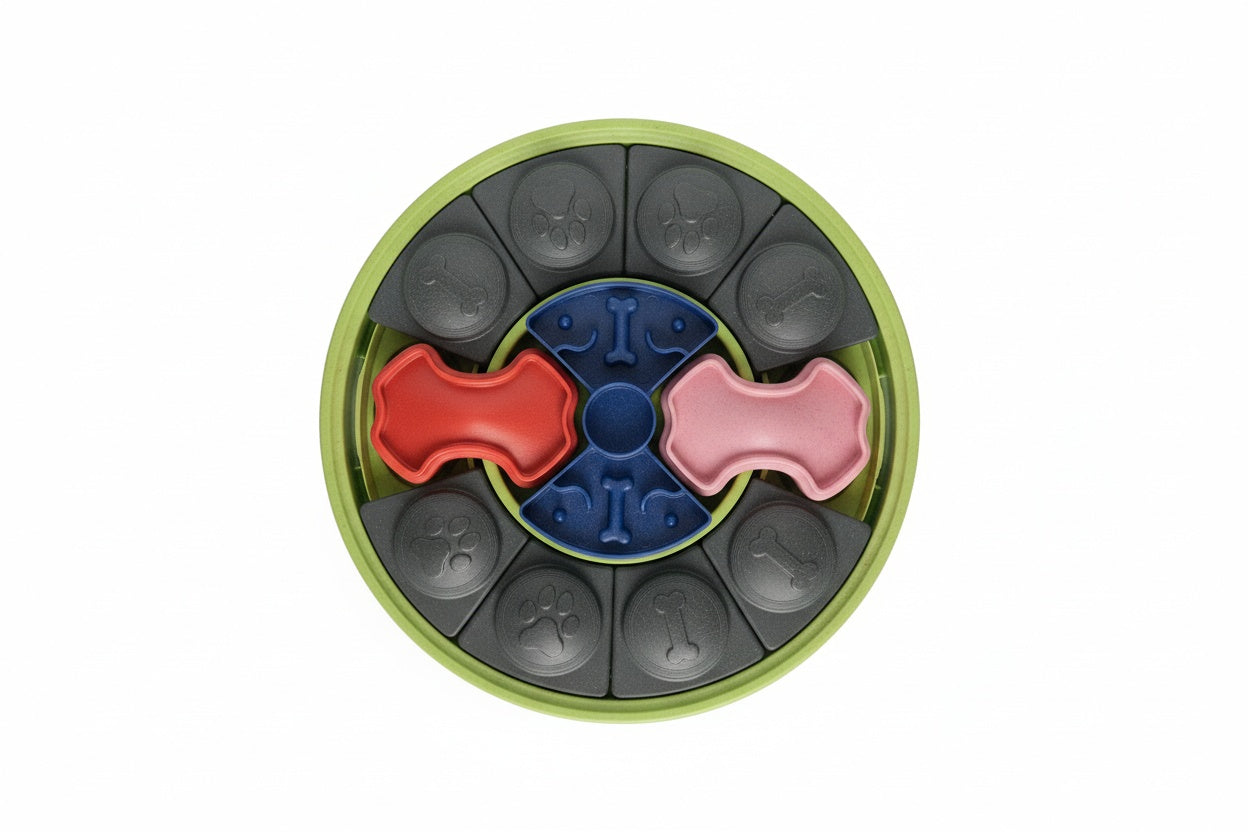interactive dog puzzle roller for slow feeding, mental stimulation, and foraging instincts, durable and dishwasher-safe
