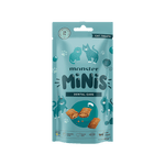 Monster Minis Dental Care cat treats in a light blue stand-up pouch with cartoon cat illustrations and two illustrated treats shown on the front, photographed on a plain blue-gray background.