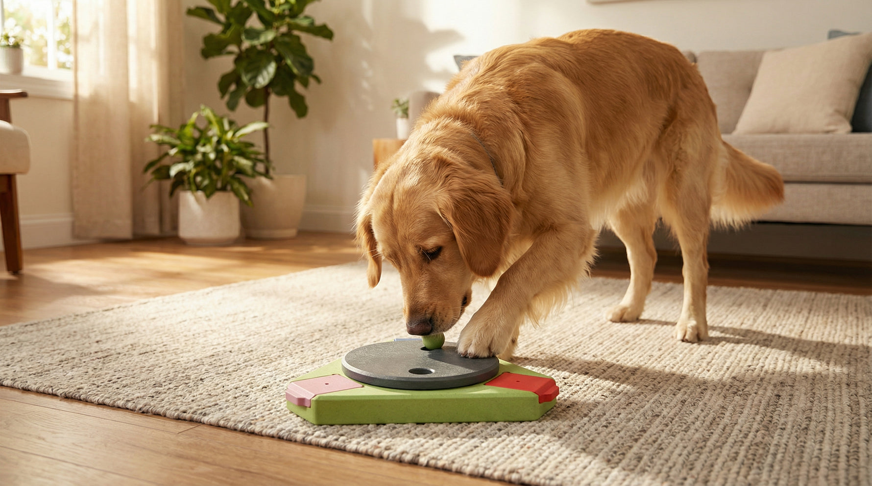 triangle interactive dog puzzle toy for mental stimulation, problem-solving and foraging instincts, durable recycled materials and non-slip feet
