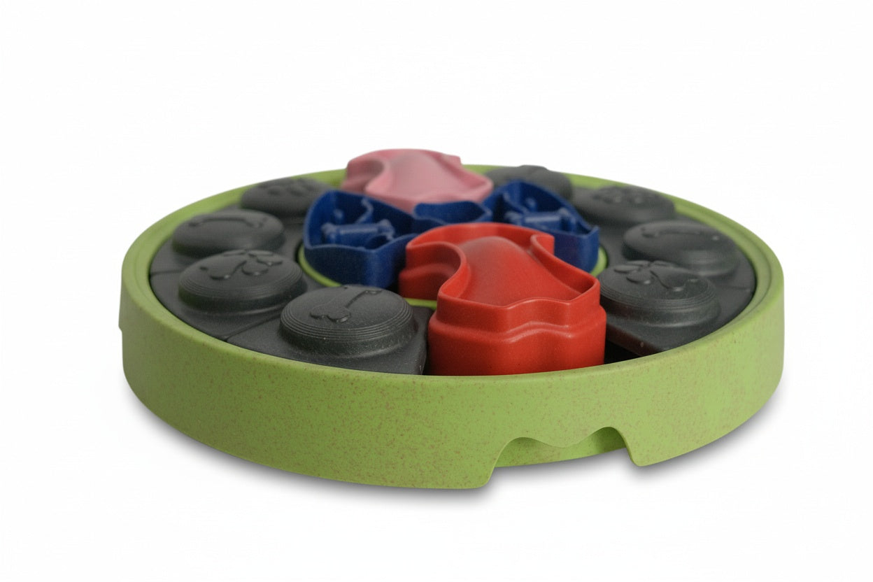 interactive dog puzzle roller for slow feeding, mental stimulation, and foraging instincts, durable and dishwasher-safe
